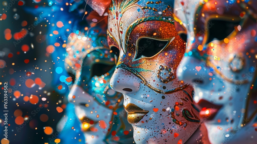 Festive masks swirling amidst a carnival of color, adding to the revelry - obrazy, fototapety, plakaty 