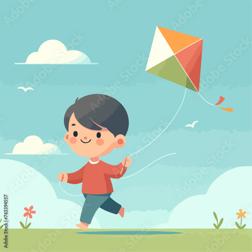 Illustration of a child flying kite. flat design style