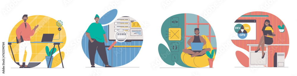 DevOps concept with people scenes set in flat web design. Bundle of character situations with men and women developing software and teams collaborating in programming processes. Vector illustrations. - obrazy, fototapety, plakaty 