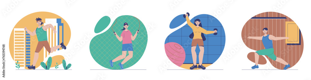 Fitness concept with people scenes set in flat web design. Bundle of character situations with men and women running, exercising with jumping rope, dumbbell training, doing yoga. Vector illustrations. - obrazy, fototapety, plakaty 