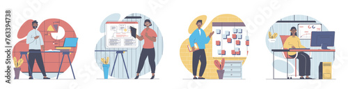 Business planning concept with people scenes set in flat web design. Bundle of character situations with employees brainstorming, making strategy and analyzing charts in office. Vector illustrations.