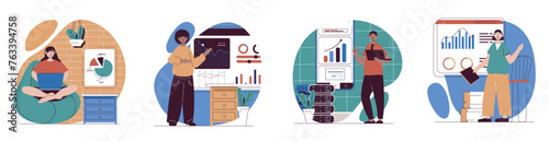 Data analysis concept with people scenes set in flat web design. Bundle of character situations working with database, making analytics, doing marketing or financial research. Vector illustrations.