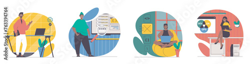 DevOps concept with people scenes set in flat web design. Bundle of character situations with men and women developing software and teams collaborating in programming processes. Vector illustrations. © alexdndz