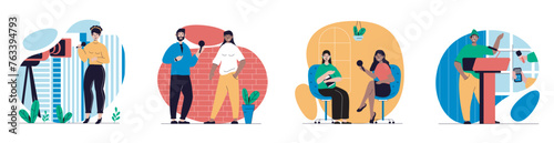 Journalism concept with people scenes set in flat web design. Bundle of character situations with reporters and journalists with microphones works in mass media, news tv shows. Vector illustrations.
