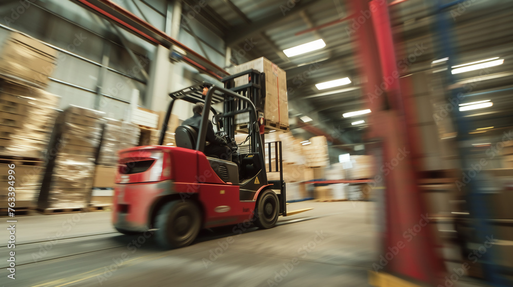 a forklift is moving and lifting a parcel in a warehouse. a forklift is moving and lifting a parcel in a warehouse.