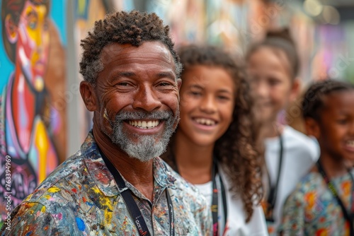 Joyful artist surrounded by kids with colorful background.