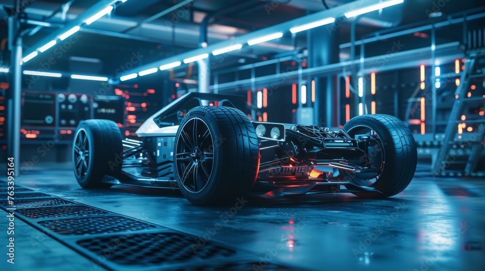 Fototapeta premium Futuristic electric sport fast car chassis and battery packs with high performance or future EV factory production