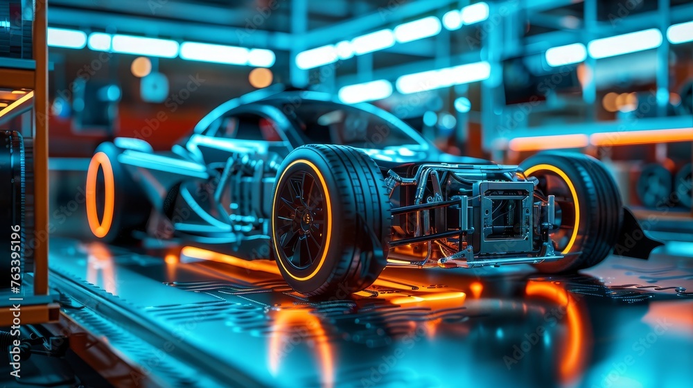 Obraz premium Futuristic electric sport fast car chassis and battery packs with high performance or future EV factory production