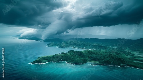 Ominous cyclone brewing above lush archipelagos, nature's raw power on display © deafebrisa