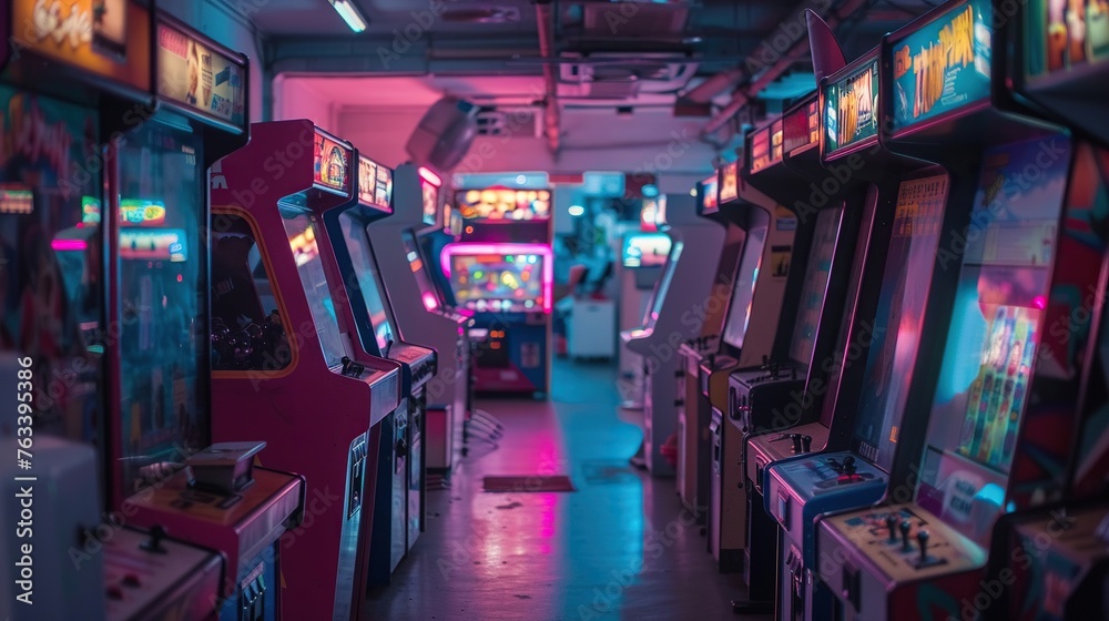 Vibrant arcade machines lined up in a dimly lit room glowing with neon