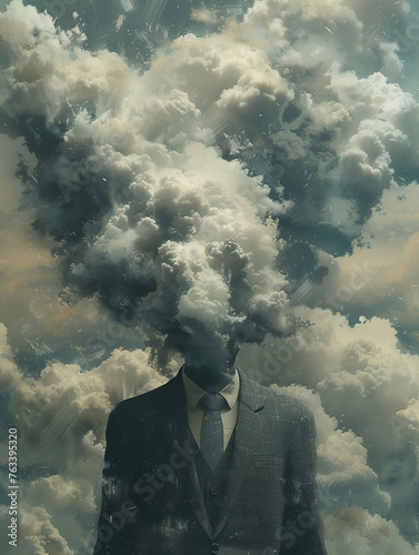 In a future where clouds symbolize the weight of depression a salary man navigates through seeking clarity beyond the corporate haze high detailed.