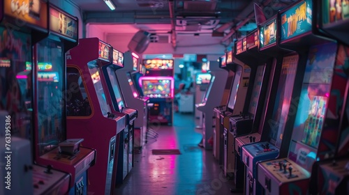 Vibrant arcade machines lined up in a dimly lit room glowing with neon