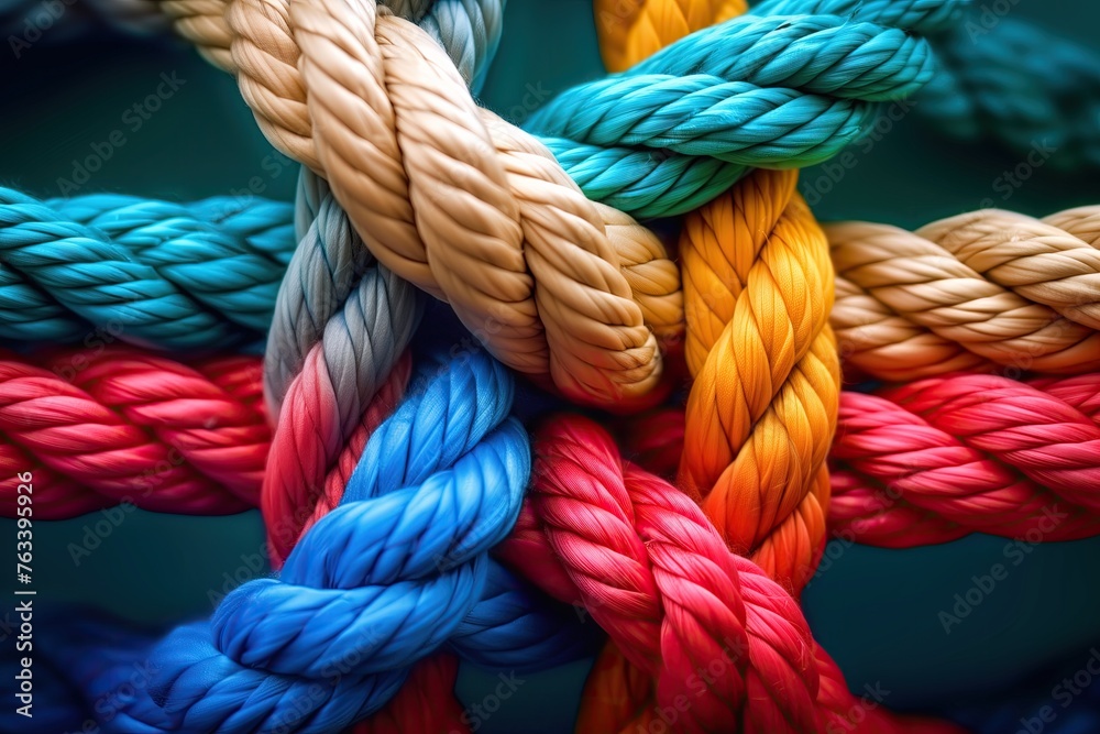 Colorful Interwoven Ropes Symbolizing Diversity and Unity - obrazy, fototapety, plakaty 