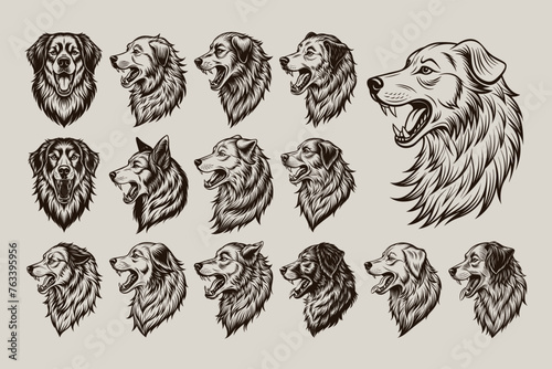 Illustration of side view great pyrenees dog head tshirt design set