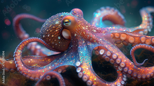 Unreal glitter bright octopus underwater