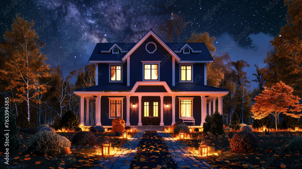 Visualize a cozy, two-story symmetrical house with deep navy blue walls, crisp white trims, under a starry night sky, its path lined with glowing lanterns