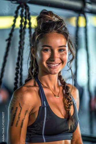 Smiling Woman in Sports Bra. Generative AI