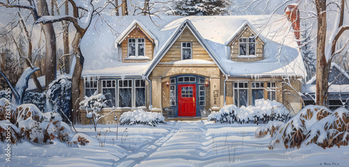 Winter's touch, the house in warm beige, a ruby door, slate blue trim under a blanket of snow and icicles