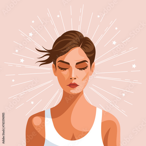 Young woman with closed eyes on a background with stars. Mental health concept. Illustration. Vector