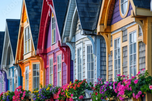 A close-up of a row of miniature, brightly colored houses with exceptional detail, including window frames, doors, and flower boxes, under a clear summer sky.