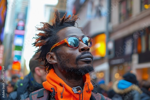 Stylish man with dreadlocks and orange sunglasses in the city.