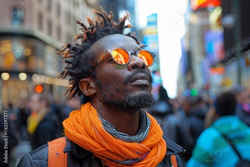 Stylish man with dreadlocks and orange sunglasses in the city. © Violetta