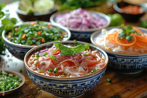 Traditional Vietnamese pho served in a decorative blue bowl.