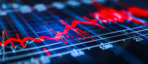Vibrant stock market graph lines on a digital screen, showcasing red and blue trading data, ideal for financial analysis and investment strategies themes, backgrounds.