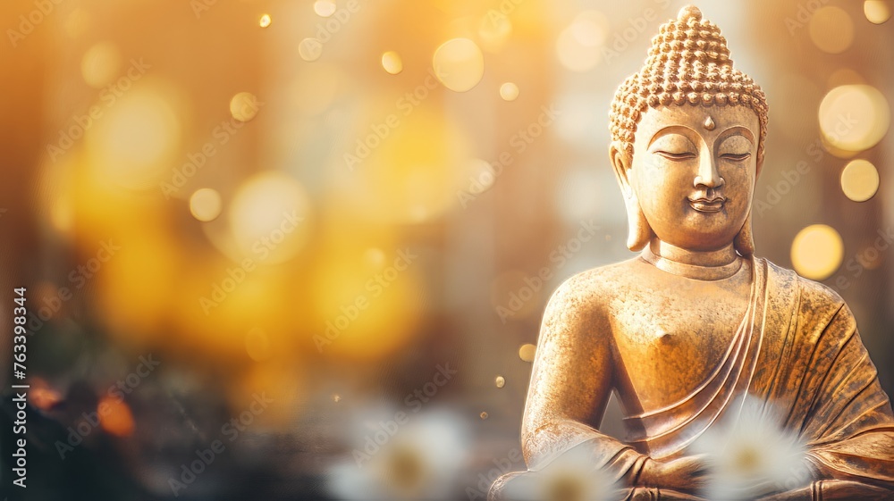 A gold statue of a Buddha with a serene expression