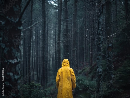 A faceless person wearing a bright yellow raincoat walking through a dark forest