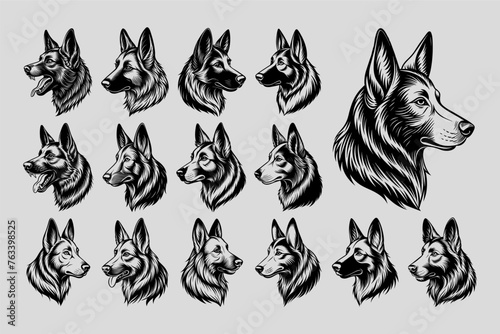 Illustration of vintage german shepherd dog head design set