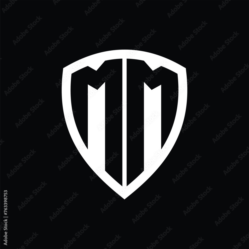 MM monogram logo with bold letters shield shape with black and white color design MM monogram logo with bold letters shield shape with black and white color design