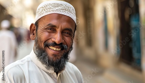 A candid moment of a Muslim man smiling warmly photo