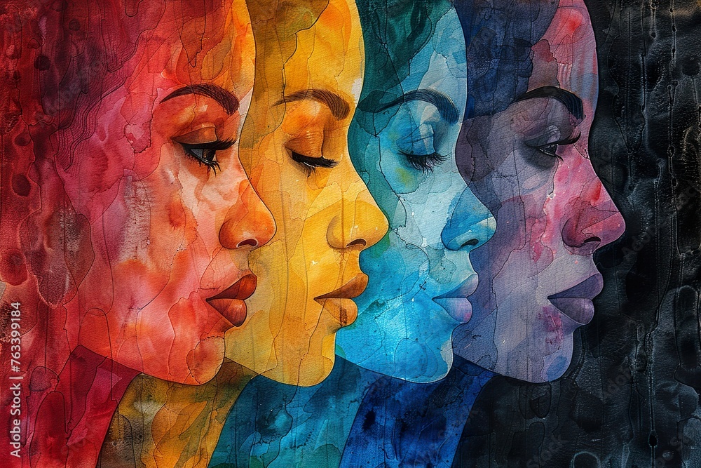 Abstract colorful art watercolor painting depicts International Women's Day, 8 March of different cultures