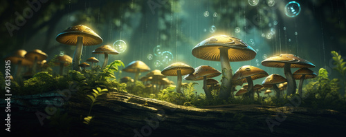 A forest scene with many mushrooms and a few bubbles © Mongkol