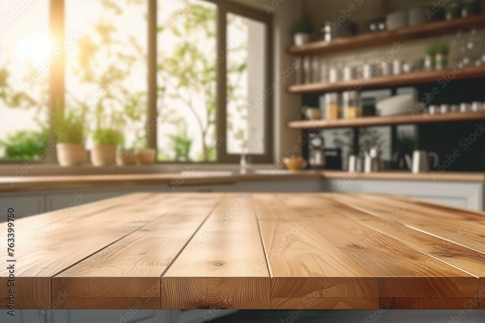 Empty Wooden Kitchen Table Prepared for Product Display