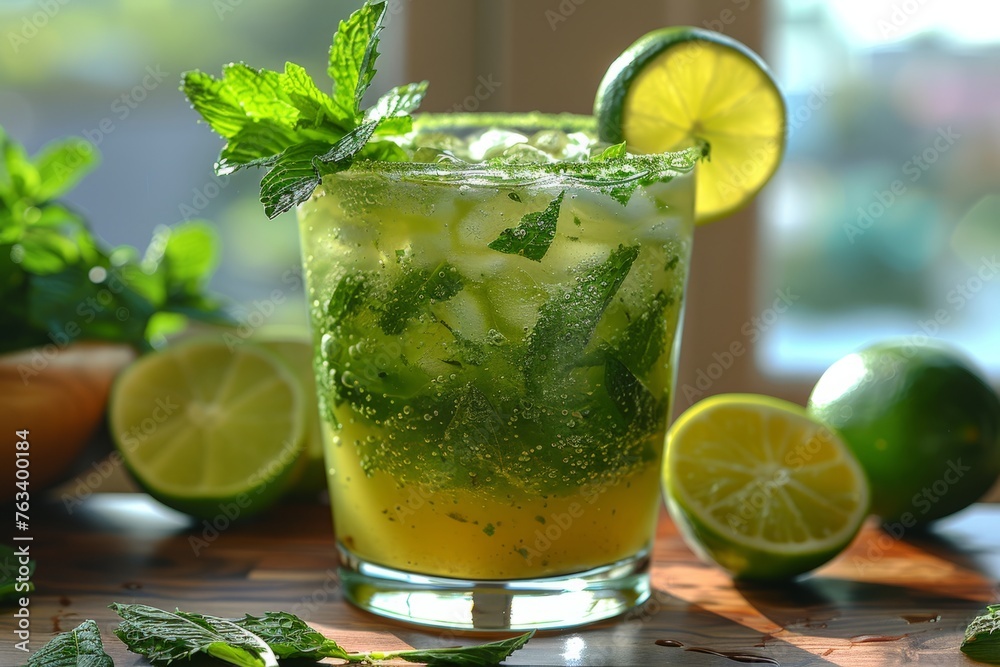 A mojito cocktail on a bar, garnished with lime and mint, amidst a warm, bokeh-lit background. A mojito cocktail on a bar, garnished with lime and mint, amidst a warm, bokeh-lit background.