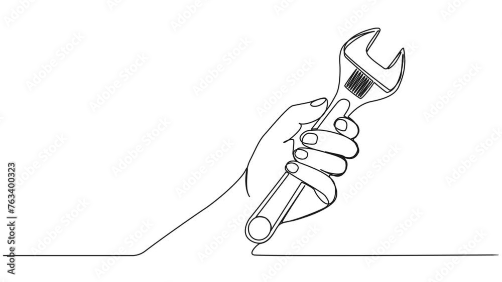 animated continuous single line drawing of hand holding adjustable wrench, line art animation