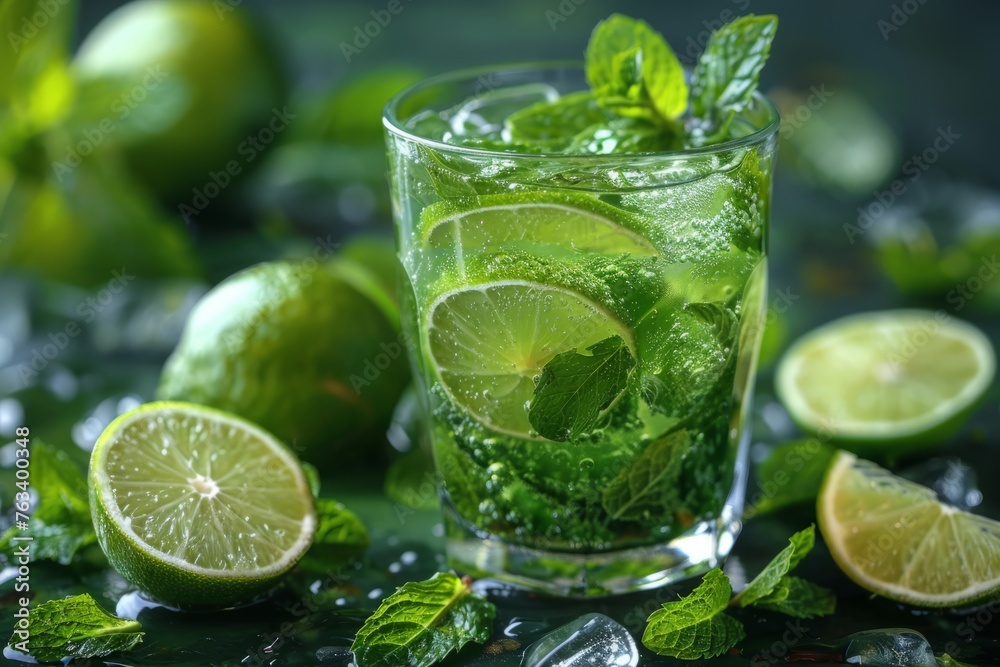 A mojito cocktail in a tall glass with lime slices and mint, on a wet dark surface with condensation. A mojito cocktail in a tall glass with lime slices and mint, on a wet dark surface with condensation.