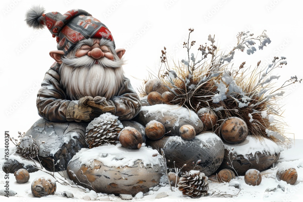 Fototapeta premium Gnome Statue Sitting on Rock Pile