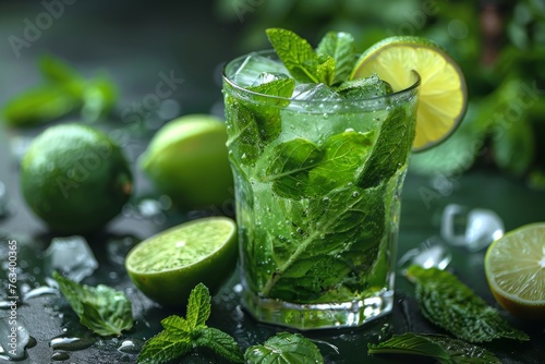 A mojito cocktail in a tall glass with lime slices and mint, on a wet dark surface with condensation.