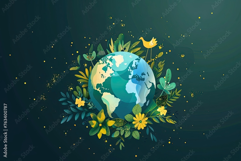 Globe Earth, green grass and yellow flowers, bird at green background. Concept of the Environment World Earth Day, cut paper vector illustration. Globe Earth, green grass and yellow flowers, bird at green background. Concept of the Environment World Earth Day, cut paper vector illustration.