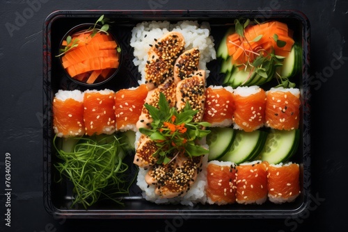 Delicious sushi in a bento box against a galvanized steel background