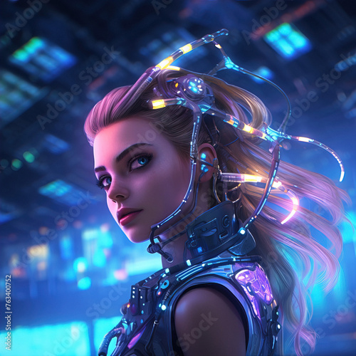 Cyberpunk Mermaid with High-tech Accessories and LED Lit Tail - Digital Art of a Stylish Blonde Mermaid