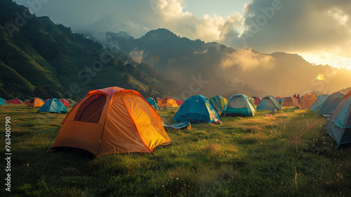Outdoor adventure beckons with tents arranged harmoniously in a verdant field