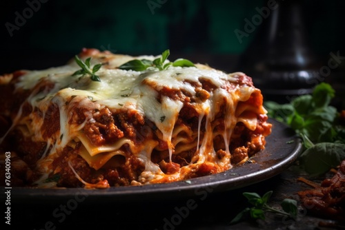Exquisite lasagna in a clay dish against a galvanized steel background