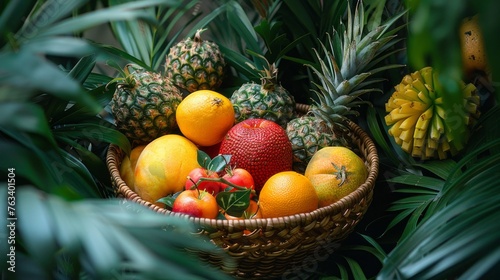 Tropical fruit bounty nestled in a woven basket amidst lush foliage