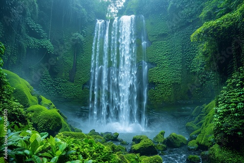 A dense jungle encloses a tall waterfall, shrouded in mist and vibrant green foliage. © Violetta
