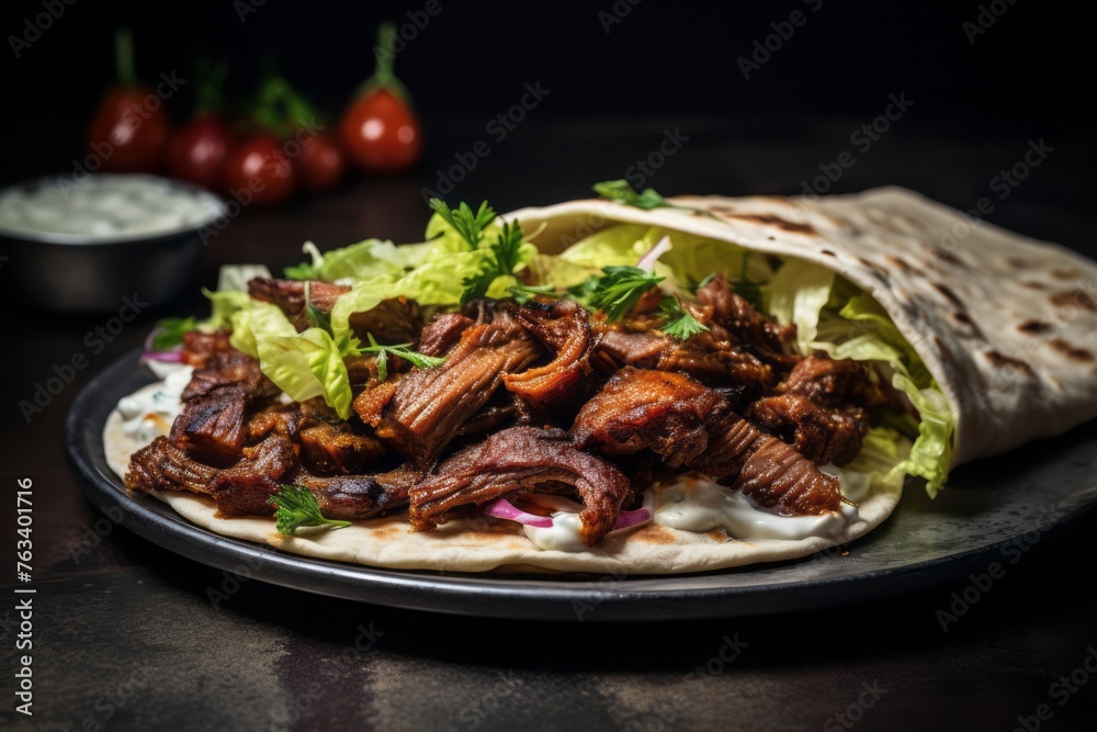 Juicy doner kebab on a porcelain platter against a galvanized steel background Juicy doner kebab on a porcelain platter against a galvanized steel background