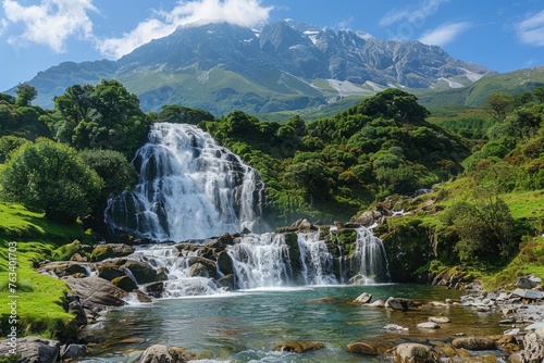A multi-tiered waterfall tumbles into a river  set against a backdrop of green hills and snowy peaks.